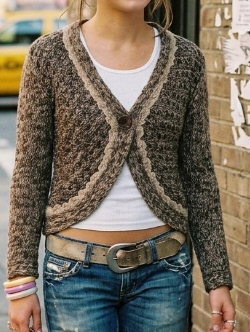 Newport News Vintage Open Knit Cropped Cardigan Shrug - Size L Brown Earthy
